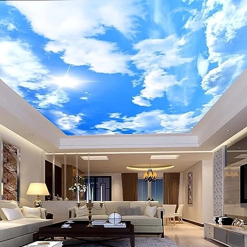 Blue Sky Ceiling 3D Wall Murals,Sun and White Clouds Mural Art Peel and Stick Wallpaper Removable Wall Stickers for Living Room Bedroom Wall Decor,59'Wx40'H