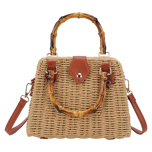 Straw Crossbody Bag, Woven Shoulder Purse with Bamboo Handle, Small Summer Tote with Leather Strap and Magnetic Flap, Casual Travel Handbag for Women (Brown)