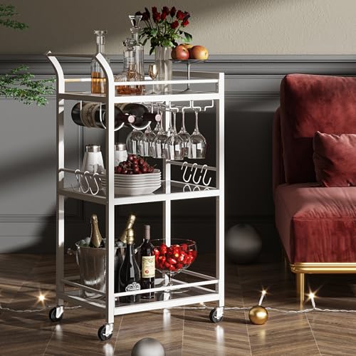 Image of TUTOTAK Bar Cart with 3 Mirrored Shelves, Wine Rack & Glass Holder | 3-Tier 18.5 Inch Wide Home Bar Serving Carts, Small Mobile Kitchen Shelf with 6 Hooks, White BC01BW034