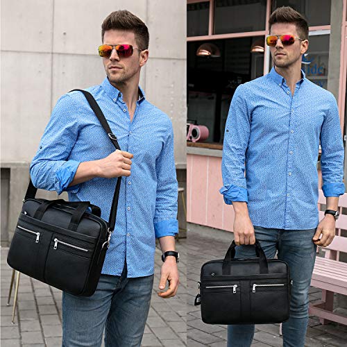 BAIGIO Men's 14/15.6 Inches Laptop Briefcase Genuine Leather Business Satchel Handbag Shoulder Tote Bag for Men and Women (Black)