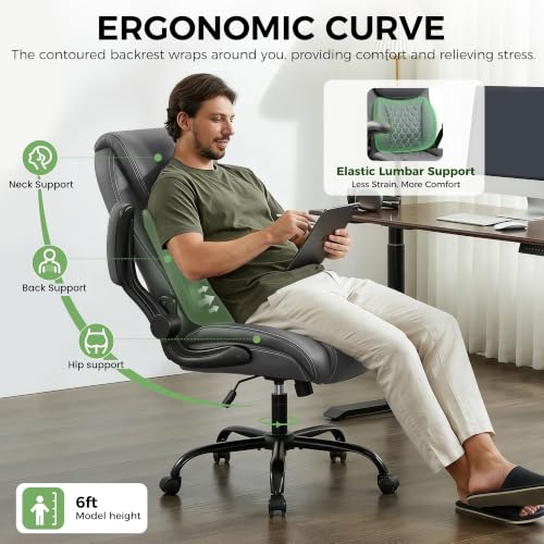 Image of Office Chair, Ergonomic Executive Desk Chair with Lumbar Support for Lower Back Pain Relief, Padded Flip-Up Armrests, Leather Home Office Chair, Gray