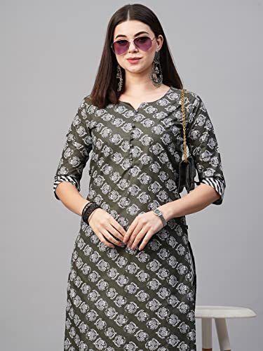 Image of GoSriKi Women's Cotton Blend Printed Straight Kurta With Pant