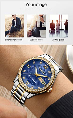 OLEVS Diamond Watches for Men,Business Dress Watch Waterproof Luminous,Male Golden Big Dial Luxury Casual Quartz Analog Watches with Day Date Calendar and Stainless Steel Band