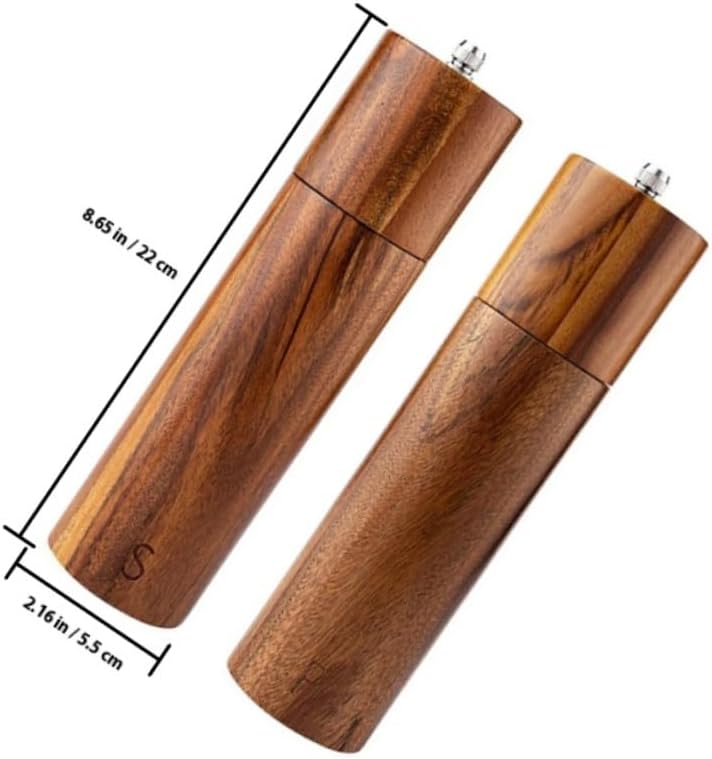 Manual 8-inch Acacia Wood Pepper and Salt Mill Set with Ceramic Grinder Core, Refillable Handheld Multi-functional Seasoning Shaker for Kitchen and Dining