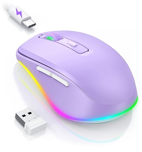 Wireless Mouse Jiggler - LED Wireless Mice with Build-in Mouse Mover, Rechargeable Moving Mouse for Laptop with Undetectable Random Movement Keeps Computers Awake - Purple - Purple
