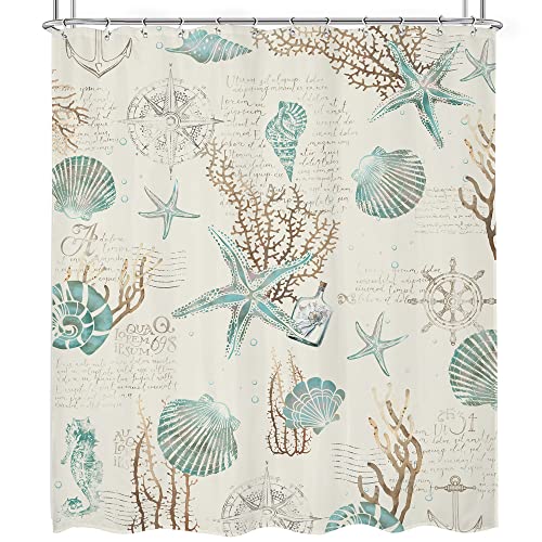 Omifly Starfish And Seashells Shower Curtain 60Wx72H Inch Coral Nautical Bathroom Set Coastal Vintage Beige Ivory Retro Anchor Sea Horse Ocean Beach With 12 Hooks Fabric Waterproof Accessories Decor #TOP4