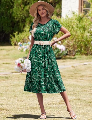 Image of HOTOUCH Women's Summer A-Line Midi Dresses 2026 Casual Floral Short Sleeve T-Shirt Dress Flowy Beach Sundress with Pockets