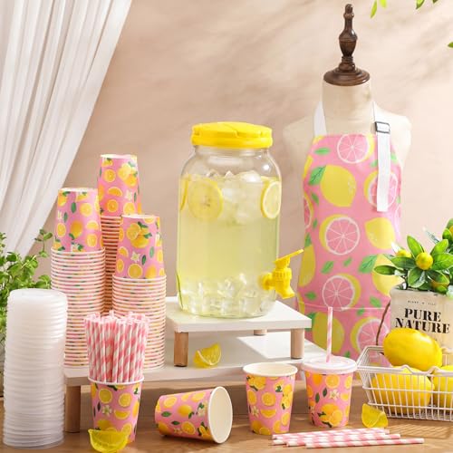 Image of Glitopper 204 Pcs Lemonade Stand Supplies Kids Include 1 Gallon Lemon Plastic Drink Dispenser Burlap Banner Lemonade Apron and 100 Paper Cups with Lids Straws for Summer Lemon Stand Birthday (Pink)