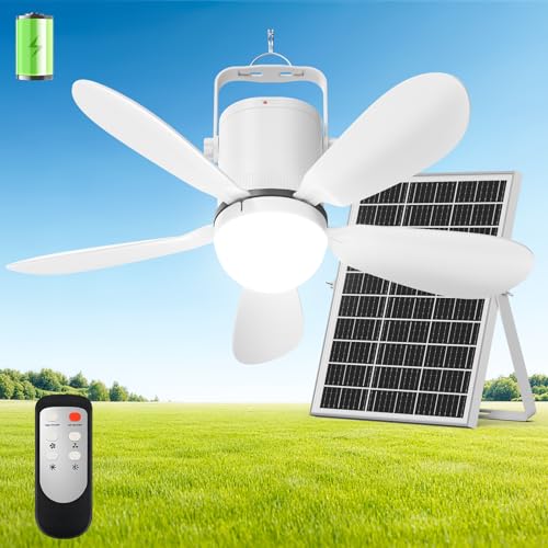 Micosong 21” Solar Ceiling Fan Light, 35W Solar Powered Gazebo Fan with Remote Control, Rechargeable Battery Operated Portable Camping Fan Outside, for Tent Patio Greenhouse Porch Canopy Pergola