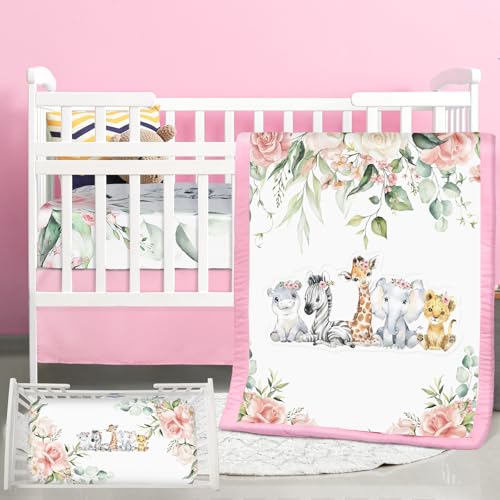 Image of Hahafelt 3 Pcs Baby Crib Bedding Set Safari Animals Dinosaurs Bear Woodland Animals Jungle Crib Set Includes Quilt, Fitted Sheet, Skirt for Baby Boy Girl(Pink,Safari)