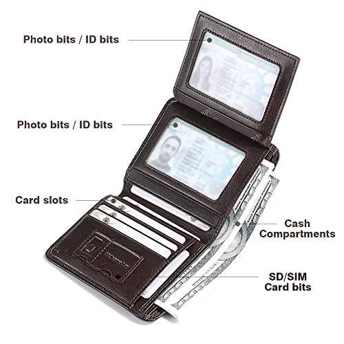 Image of Mens Trifold Leather RFID Blocking Wallet with 2 ID Windows 2 Cash Compartments 6-8 card slots 2-3 inside slots Large Capacity Wallet