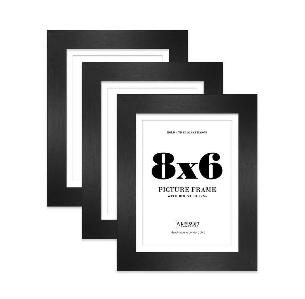 8x6 Black Frame With Mount for 7x5 Pictures 28mm Edge Portrait and Landscape Display with Wall Hooks and Kickstand, 3 Pack