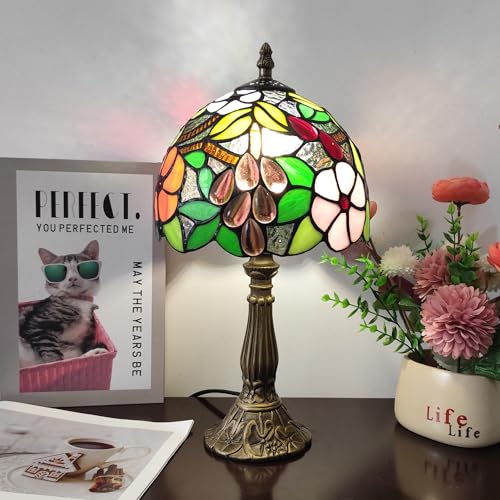 Image of Tiffany Table Lamp 3-Way Tiffany Style Desk Lamp Small Stained Glass Lamp Antique Light Home Bedroom Bedside Lamp Retro Reading Decoration Lamps (Grapes Flowers Style)