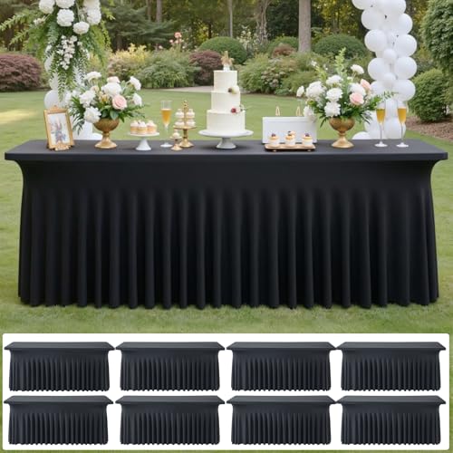 Image of 8 pk Black Spandex Tablecloth 6ft with Ruffled Skirt,Wrinkle Free High Stretch Fitted Tablecloths for 6 Foot Rectangle Tables,Pleated Elastic Spandex Table Covers 6ft for Parties Wedding Banquet