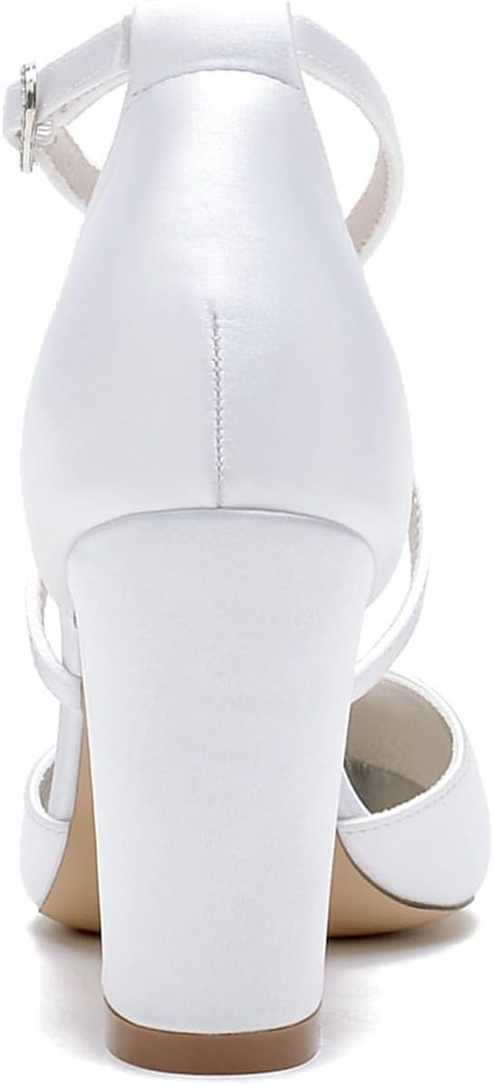 Womens Block Wedding Heels for Bride Open Toe Applique Pumps Ankle Strap Satin Chunky Heeled Wedding Shoes Sandals - Image 3