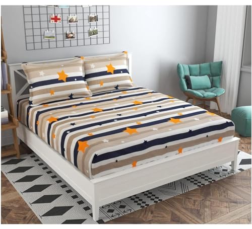 Image of Glace Cotton Printed King Size Double Bed Elastic Fitted Bedsheet with 2 Pillow Cover (Star Sky)