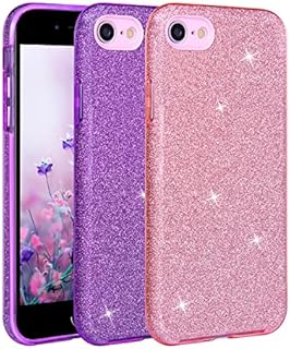 wisdompro 2 Pack Glitter Case for iPhone SE 2022/SE 2020, iPhone 8, iPhone 7, Cute Bling Sparkly Protective Case, Women Girls Slim Phone Cover for iPhone SE3/SE2/8/7(4.7 Inch) - Pink + Purple