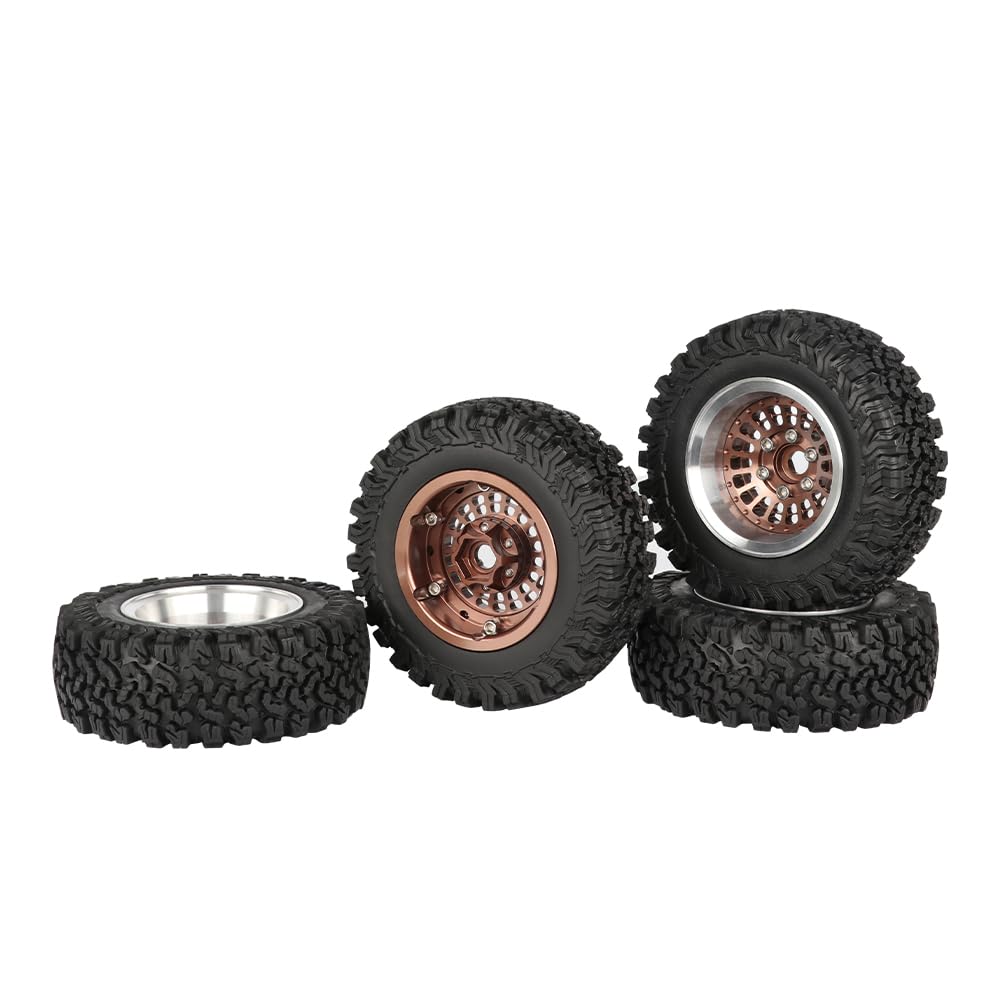 KINGCOO 4PCS 1,9" Beadlock Räder Felgennabe Offset-10mm Aluminium Metall und 90MM Gummireife für 1/10 RC Rock Crawler Auto für Axial SCX10 TRX4 TRX6 D90 TF2 MN UTB18 Upgrade Zubehör (Bronze)