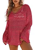 Asvivid Bathing Suit Cover Ups for Women Summer Hollow Out Knit Sweater Crochet Long Sleeve Beach Co