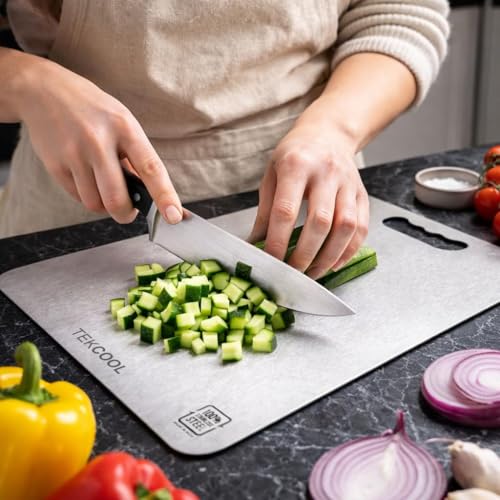 Image of TEKCOOL Stainless Steel Chopping Board (32 x 22 CM), Vegetable Cutting Board, Premium SUS304 Vegetable and Fruit Cutter Pad, Heavy-Duty Metal Chopping Board?