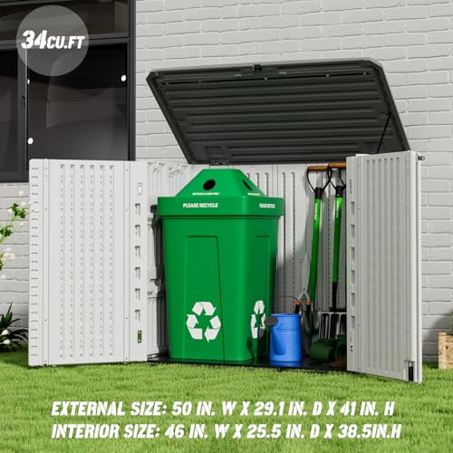Image of Mrosaa Outdoor Patio Storage Shed,Waterproof Horizontal Outdoor Storage Cabinet for Garbage Cans,Tools and Lawnmower Lockable(34 Cu.ft-Warm-White)