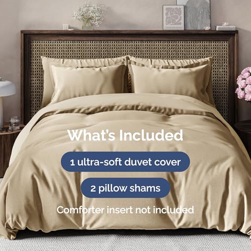 Image of Duvet Cover Queen Size Set - Extra Soft Queen Duvet Cover 90 inch x 90 inch with 2 Pillow Shams for Women, Men, Kids & Teens - Hotel Luxury w / Zipper Closures & Ties - Comfy, Cozy & Breathable (Heathered Tan)