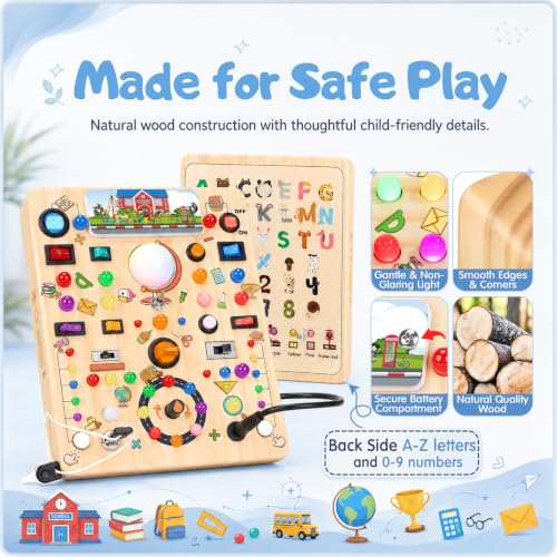 Image of Busy Board with LED Light Switches, Montessori Toys for 1 2 3 Years Old, Toddlers Wooden Toy Sensory Activity Board, Travel Toys for 1+ Year Old Boy & Girl Birthday Gift (School 19 Switches)