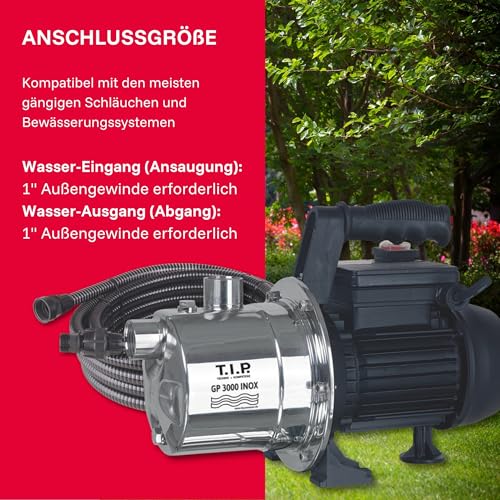T.I.P. Edelstahl Gartenpumpe GP 3000 INOX - Leistungsstarke 550 W Pumpe mit 2950 l/h Leistung und thermischer Überlastschutz - Robustes, korrosionsbeständiges Pumpengehäuse, 30111