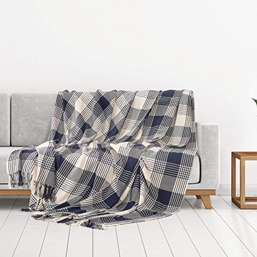 EHC Premium Reversible 100% Cotton Large 225 x 250 cm Tartan Throws for Sofa Bedspread, Navy Blue, Navy Blue / Natural - Image 2