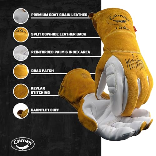 Caiman Premium Goat Grain TIG/Multi-Task Welding Gloves, Split Cowhide Back, 4-Inch Extended Cuff, White/Gold, Large (1540-5)