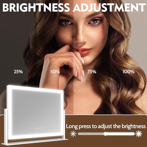 Image of ROLOVE Lighted Makeup Mirror 16.3 inchx12.6 inch, Hollywood Vanity Mirror with 10X Magnifier, 3 Color LED Lighting Modes, Smart Touch Control & 360 Rotation, Tabletop Makeup Mirror (White, Gift Ready)
