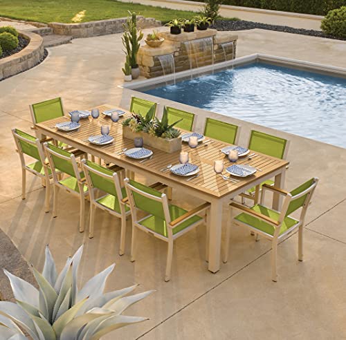 Oxford Garden Travira 11-Piece 103"X42" Table And Sling Armchair Dining Set - Powder Coated Aluminum Frame - Tekwood Natural - Go Green Sling #TOP1
