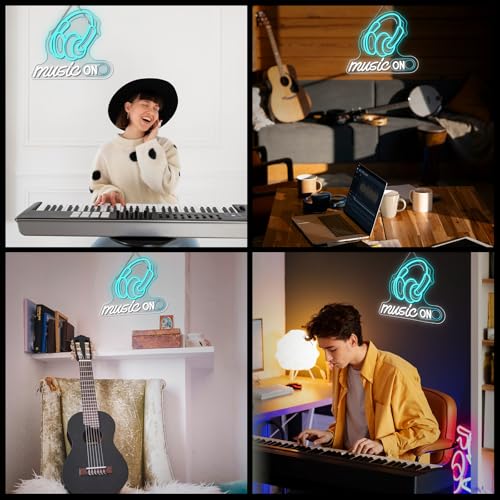 Image of Horseneon Music On Neon Sign Rhythmic LED Wall Decor for DJ Studios, Music Rooms & Gamer Setups, USB-Powered with Adjustable Brightness, Headphones Design