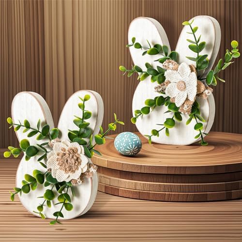 Sfcddtlg 2 Pcs Easter Bunny Wooden Decor with Flowers, Rustic Bun...