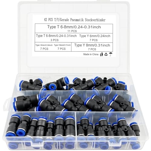 xianzhanEU 42 Piezas Conector Rapido Aire Comprimido, 6mm/ 8mm Conectores de Empuje Recto, T/Y/I Conectores Neumáticos, con Caja, Para Conexión de Manguera de Aire