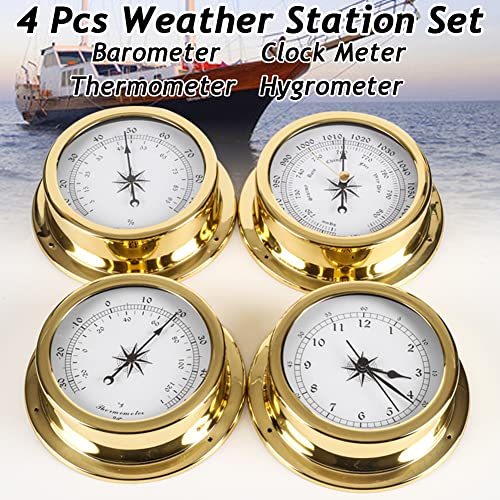 4 stuks weerstation set, hoge precisie barometer klokmeter thermometer hygrometer kit, messing koffer 14,5 cm boot accessoire, geen batterij nodig, voor hotels, magazijnen, kantoren en fabrieken