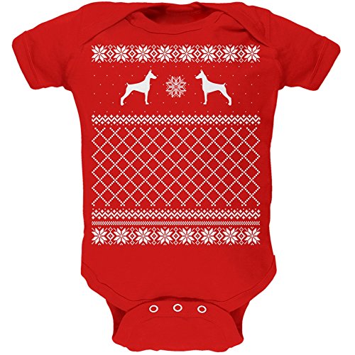 Image of Doberman Ugly Christmas Sweater Red Soft Baby One Piece - 3 Month
