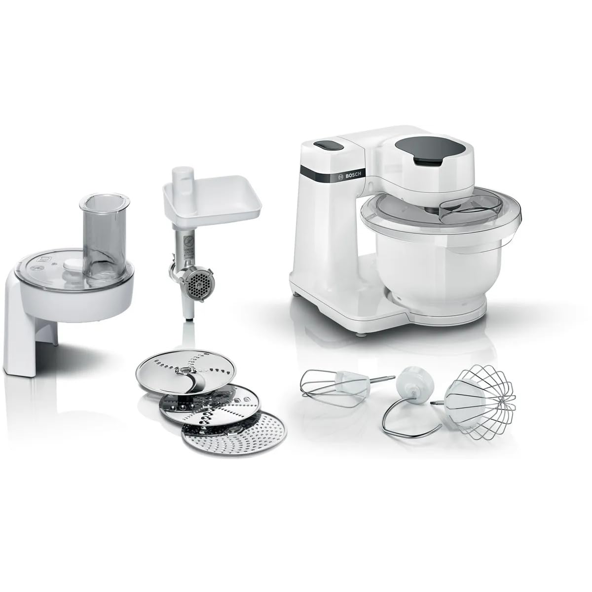 BOSCH Serie 2 MUMS2AW21 - Robot pâtissier - 700 W - 4 vitesses - 3,​8 L - 3 disques - Hachoir à viande - Blanc