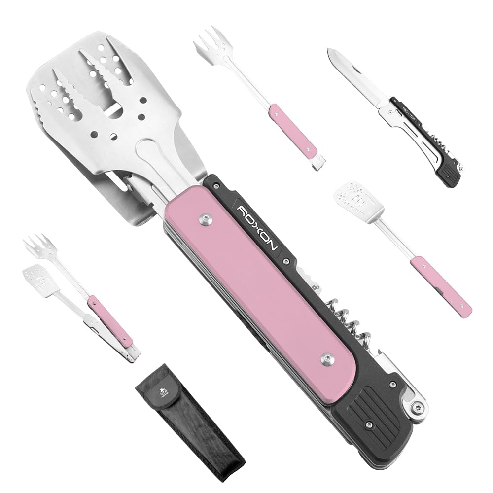 ROXON 6-in-1 Folding Grill Utensils Set, 14" BBQ Tools for Camping S601