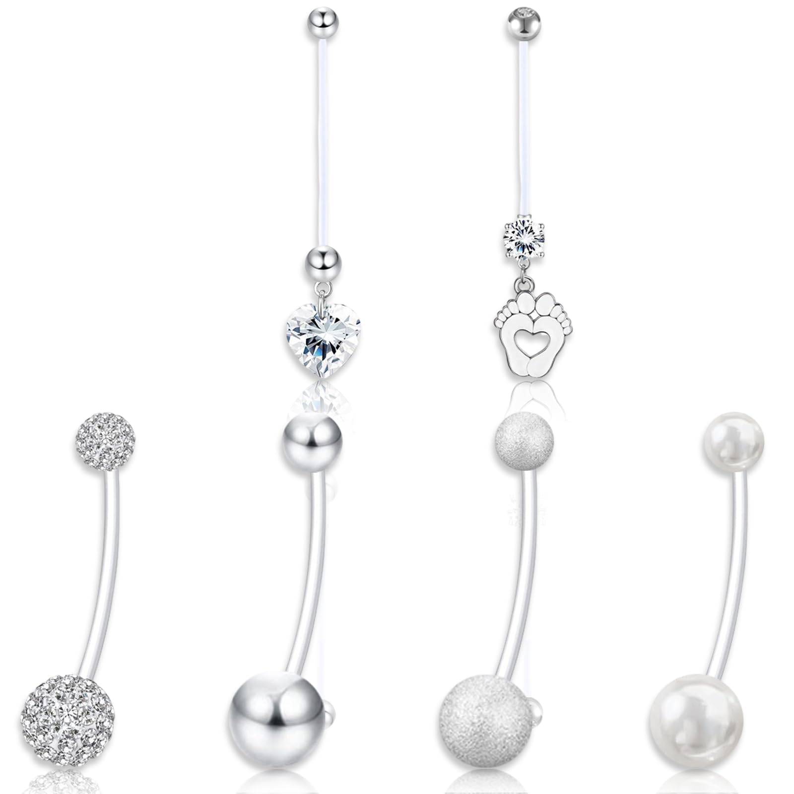 Peysaitr Piercing para ombligo, 6 unidades, plata para embarazo, para el ombligo, para maternidad, deportes, perla y diamante, para hombres y mujeres, talla única, Acero inoxidable, Circonio sintético