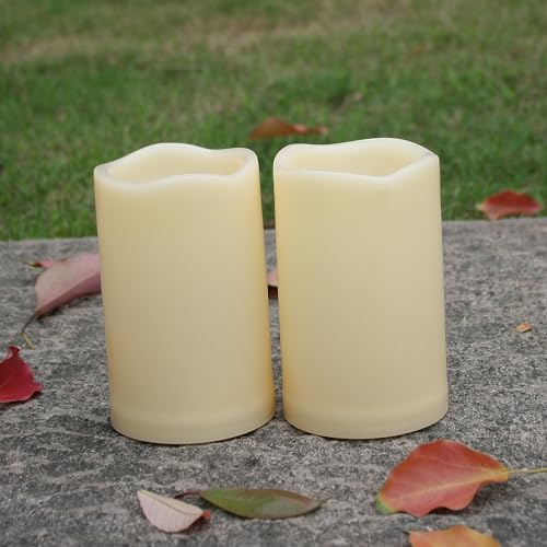 Image of iZAN Outdoor Indoor Flameless Candles with Timer Waterproof Plastic Realistic Flickering Battery Operated LED Pillar Candles Long Lasting 1500 Hours Battery Life 3x5 inch Waved Edge 2-Pack