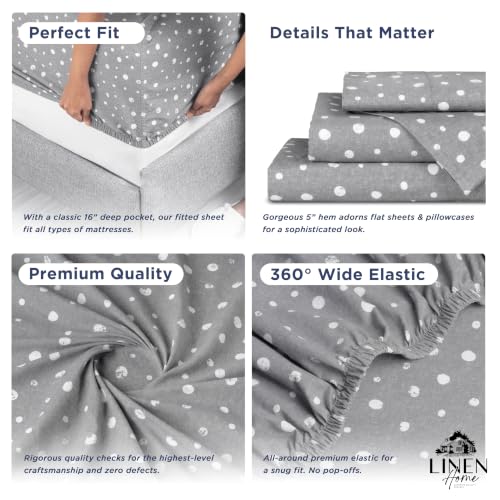 Image of Linen Home 100% Cotton Printed Percale Sheets Cal King Size Polka Charcoal