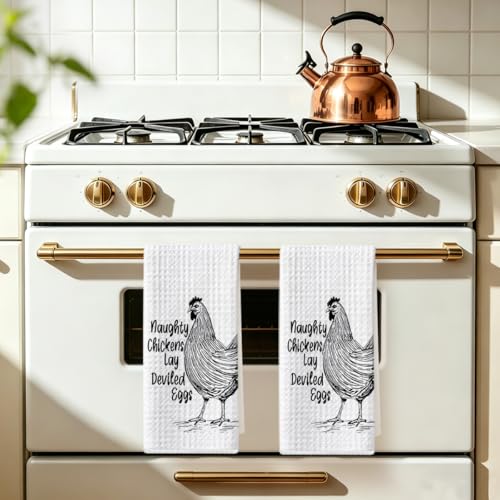 Image of 2 Pcs Funny Chicken Kitchen Towels 24x14 Inch, Chicken Lovers Gifts Reusable Dish Towels for Kitchen Home Farmhouse Decor, Waffle Weave Hand Cloth Tea Towel, Humorous Gifts for Women Men Friend