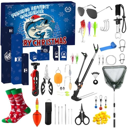 Kottwca Angel Adventskalender 2025 Männer 24 Stück Werkzeug Adventskalender mit Mini Angelrute Ködern Haken und Zubehör Survival Kit für Angler Jugendliche Jungen und Erwachsene