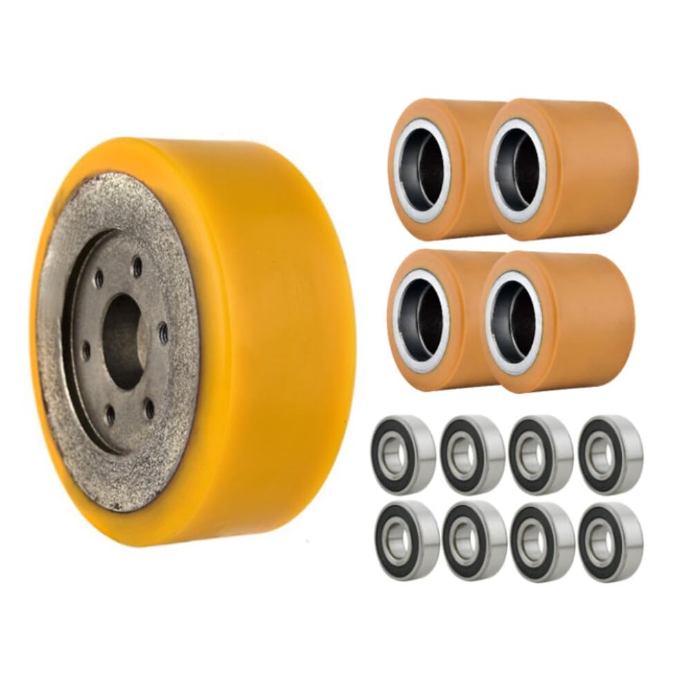JAZGOT Juego de ruedas y rodillos para carro ET15MH 0,45kW con rodamientos 6204 2RS. El conjunto incluye rodillos, rueda motriz y cojinetes para la transpaleta.