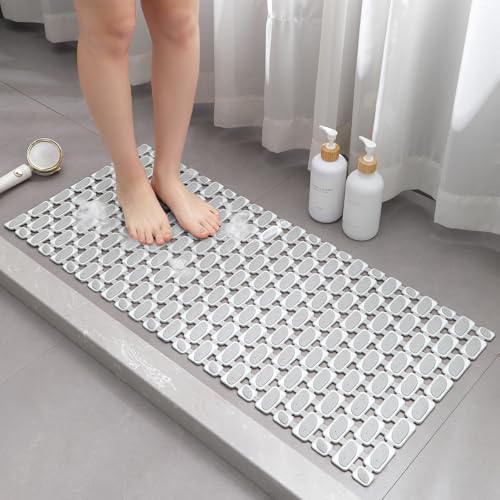 XIYUNTE Large Shower Mat Non Slip Anti Mould for Elderly- 90 x 40cm Cut-to-Fit Non Slip Shower Mat for Inside Shower TPE Bath Mat with Suction Cups & Drain Holes Bathtub Mat Grey