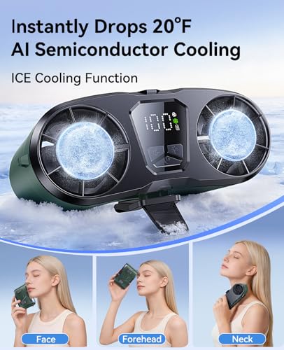 Image of KIMMOO Dual-Motor Rechargeable Waist Fan with Ice Cooling, 25000 RPM High-Speed Neck Belt Clip-on Fan with 10 Gears, LED Display & Flashlight, Hands-Free Personal Fan for Work Outdoor Travel, Green