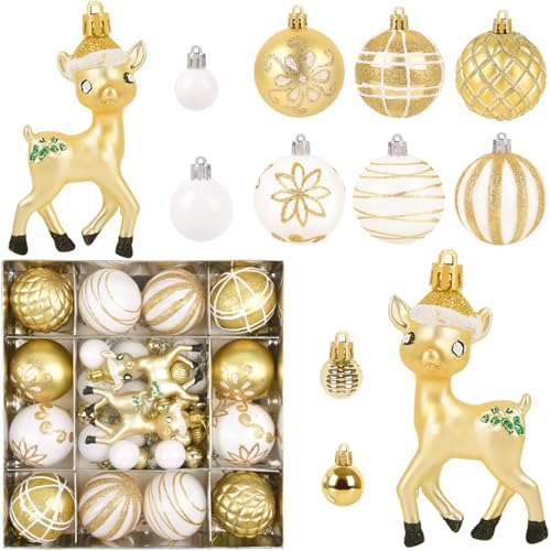 44 Stück Christbaumkugeln Weiß Gold Set,6CM/3CM Weihnachtskugeln...