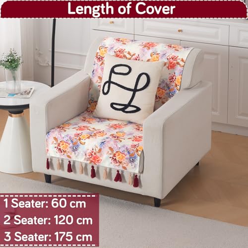 Image of HOKIPO Sofa Cover with Tassel for 1 Seater Sofa | Full Protection for Seat and Back | Printed Holland Velvet Fabric | 'Whispers of Nature' (160x60 cm), Vintage Rose Bloom (IN-1125-D12)