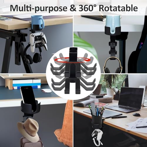 Image of OIVO INDIA 3-in-1 Desk Controller Holder with Headphone Hanger & Anti-Spill Cup Holder, 360 Rotating Aluminum Clamp Mount for Gaming Controllers Remote Stand